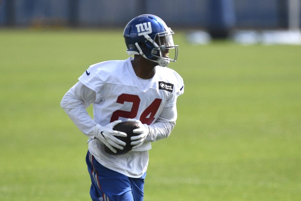 May 29, 2018; East Rutherford, NJ, USA; New York Giants cornerback Eli Apple (24) during Organized Team Activities.