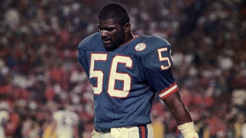 Jan 25, 1987; Pasadena, CA, USA; FILE PHOTO; New York Giants linebacker Lawrence Taylor (56) reacts on the field against the Denver Broncos during Super Bowl XXI at the Rose Bowl. The Giants defeated the Broncos 39-20.