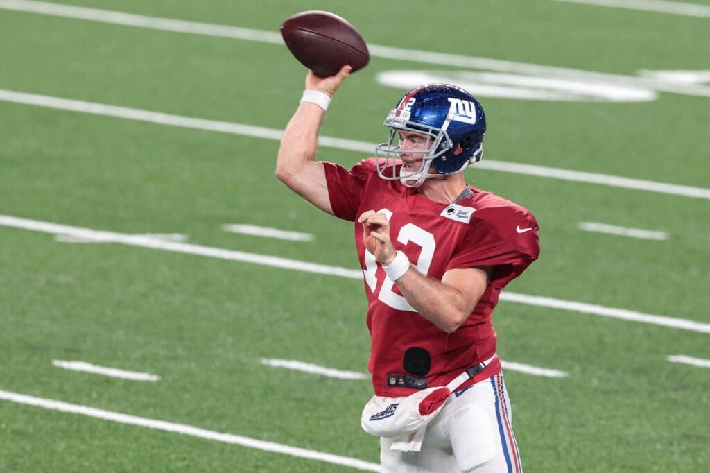 Aug 28, 2020; East Rutherford, New Jersey, USA; New York Giants quarterback Colt McCoy (12) throws a pass during the first half of the Blue-White Scrimmage at MetLife Stadium.