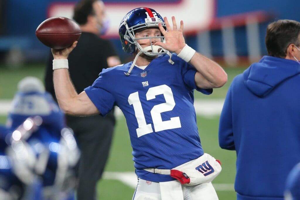 Dec 20, 2020; East Rutherford, New Jersey, USA; New York Giants quarterback Colt McCoy (12) warms up before a game against the Cleveland Browns at MetLife Stadium