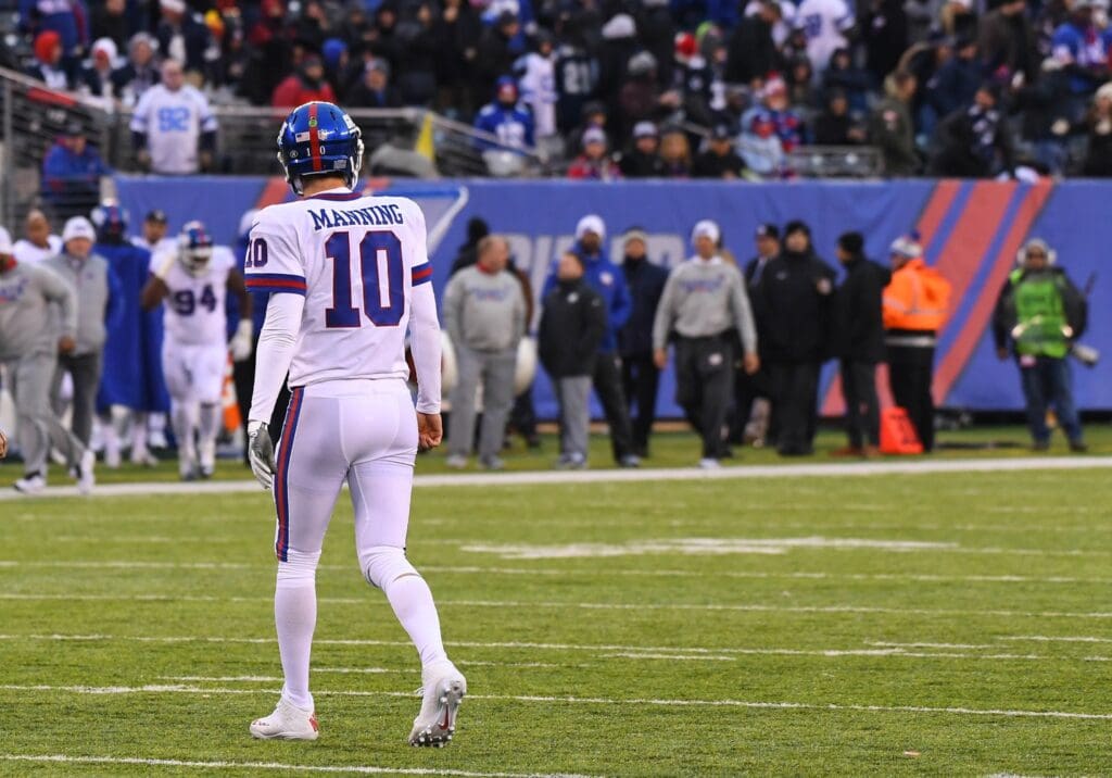Dec 10, 2017; East Rutherford, NJ, USA; New York Giants quarterback Eli Manning (10) leaves the field after giving up an interception in the 4th quarter to the Cowboys at MetLife Stadium