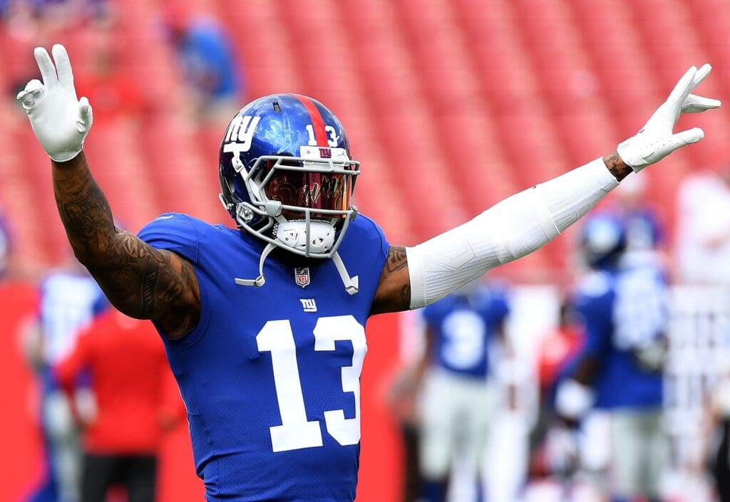 Oct 1, 2017; Tampa, FL, USA;New York Giants wide receiver Odell Beckham Jr. (13) warms up before the game against the Tampa Bay Buccaneers at Raymond James Stadium.