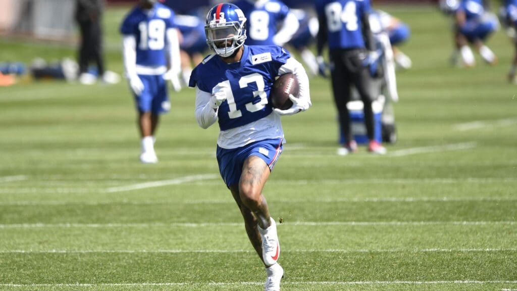 Jun 12, 2018; Florham Park, NJ, USA; New York Giants wide receiver Odell Beckham Jr. runs with the ball during minicamp.