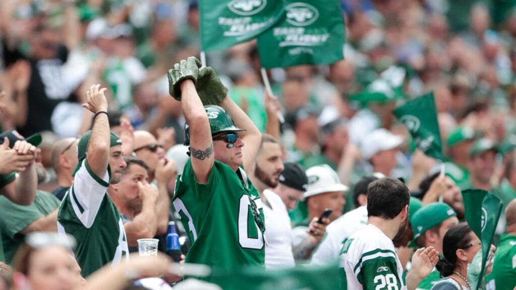 Sep 8, 2019; East Rutherford, NJ, USA; New York Jets fans react during the second half against the Buffalo Bills at MetLife Stadium.