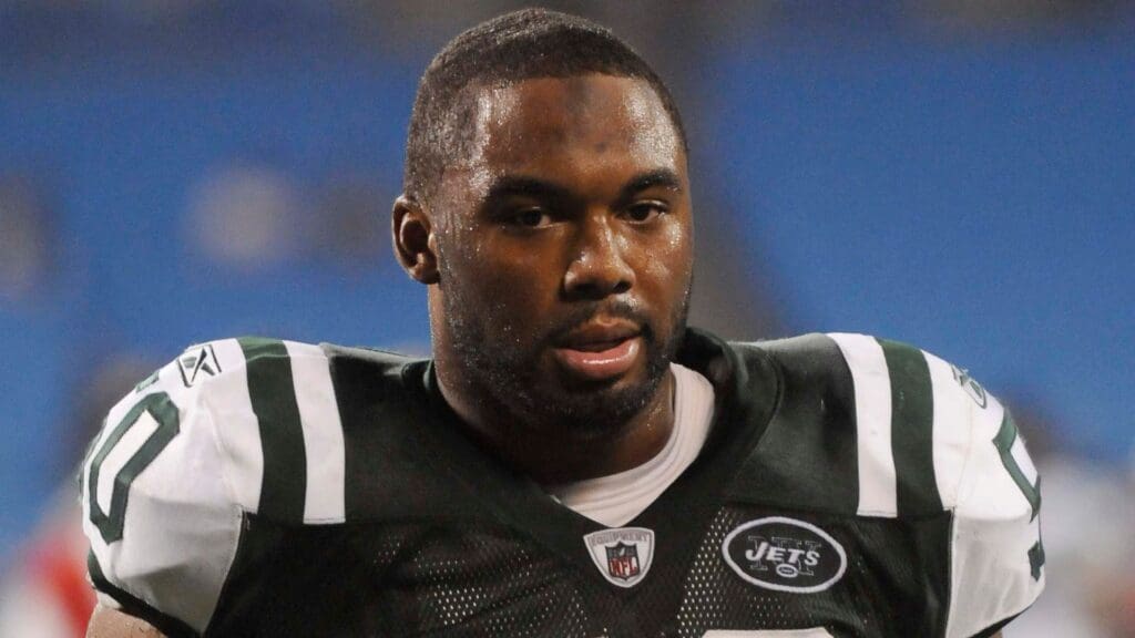 Aug. 21, 2010; Charlotte, NC, USA; New York Jets defensive end Vernon Gholston (50) leaves the field after the game against the Carolina Panthers at Bank of America Stadium. Final score, Jets 9 and the Panthers 3