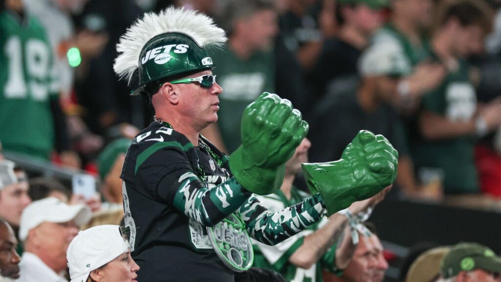 Oct 1, 2023; East Rutherford, New Jersey, USA; A New York Jets fan cheers during the second half against the Kansas City Chiefs at MetLife Stadium