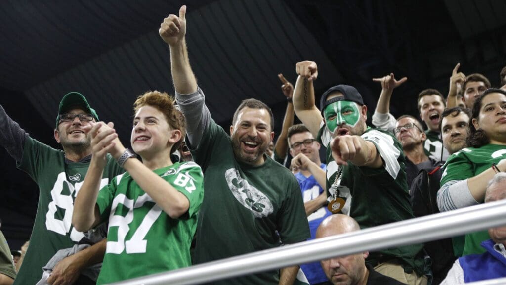 Sep 10, 2018; Detroit, MI, USA; New York Jets fans celebrate during the fourth quarter against the Detroit Lions at Ford Field.