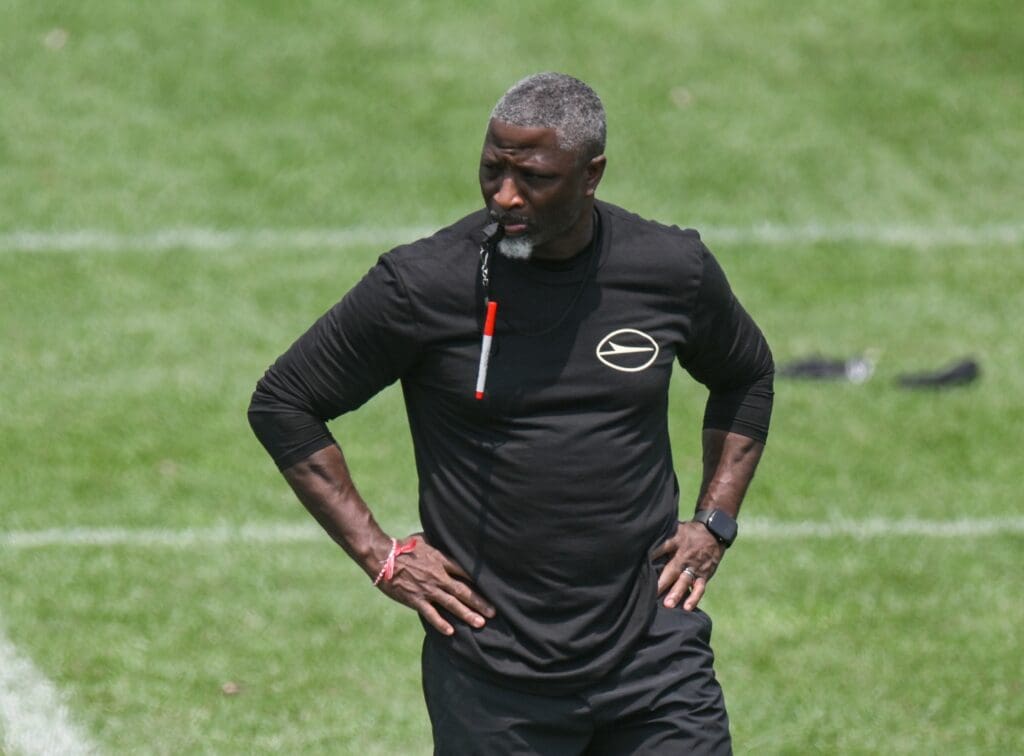 Jun 11, 2025; Florham Park, NY, USA; New York Jets head coach Aaron Glenn looks on during minicamp at Atlantic Health Jets Training Center.