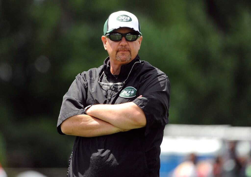 Jul 24, 2014; Cortland, NY, USA; New York Jets offensive coordinator Marty Mornhinweg looks on during training camp at SUNY Cortland