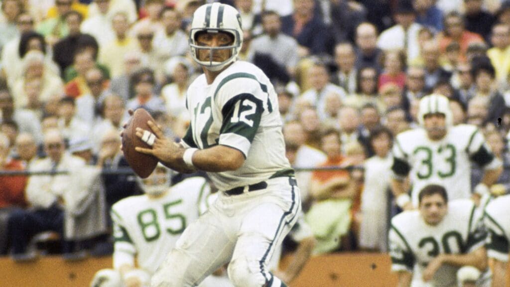 Jan 12, 1969; Miami, FL, USA; FILE PHOTO; New York Jets quarterback Joe Namath (12) in action against the Baltimore Colts during Super Bowl III at the Orange Bowl. The Jets defeated the Colts 16-7.