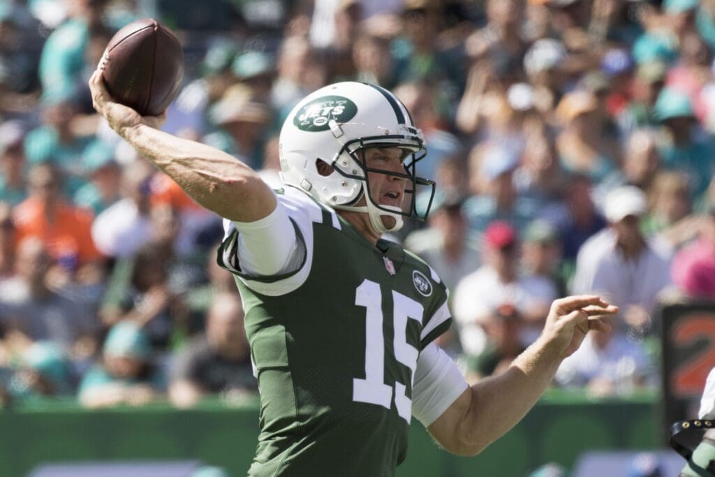 September 24, 2017; East Rutherford, NJ, USA; New York Jets quarterback Josh McCown (15) passes the football against the Miami Dolphins during the first quarter at MetLife Stadium.