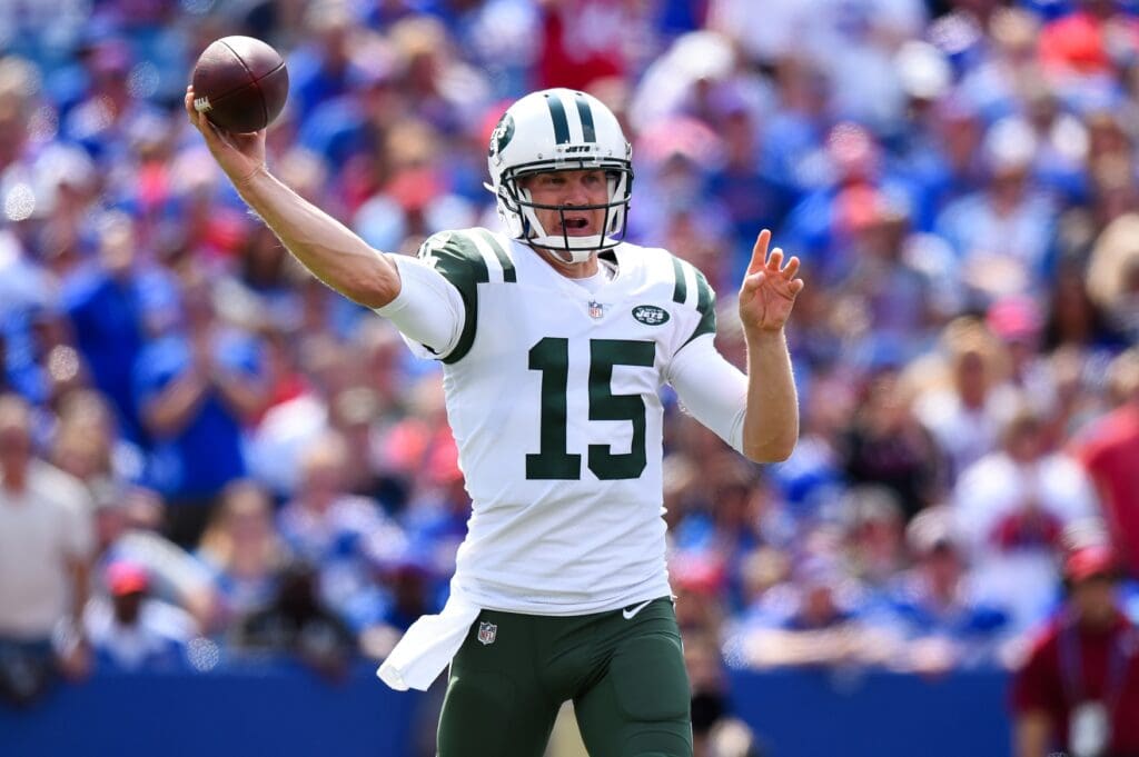 Sep 10, 2017; Orchard Park, NY, USA; New York Jets quarterback Josh McCown (15) passes the ball against the Buffalo Bills during the second quarter at New Era Field.