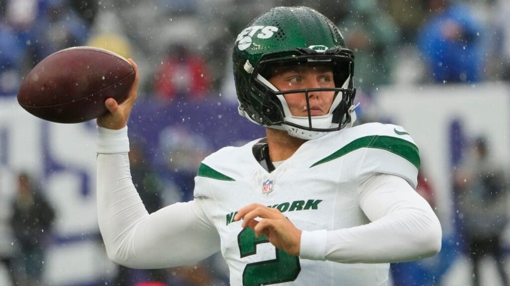 Oct 29, 2023; East Rutherford, New Jersey, USA; New York Jets quarterback Zach Wilson (2) warms up before the game against the New York Giants at MetLife Stadium