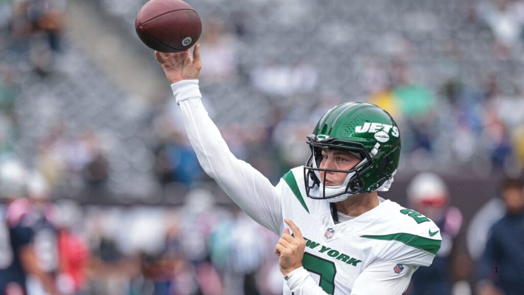 Sep 24, 2023; East Rutherford, New Jersey, USA; New York Jets quarterback Zach Wilson (2) warms up before the game against the New England Patriots at MetLife Stadium.
