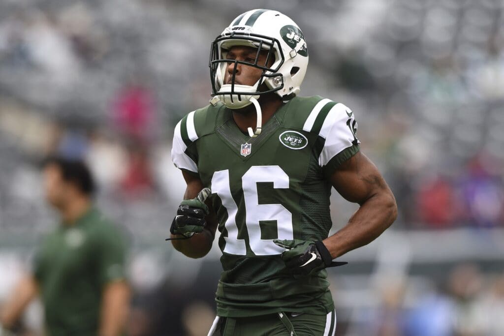 Oct 26, 2014; East Rutherford, NJ, USA; New York Jets wide receiver Percy Harvin (16) runs across the field prior to the game against the Buffalo Bills at MetLife Stadium.
