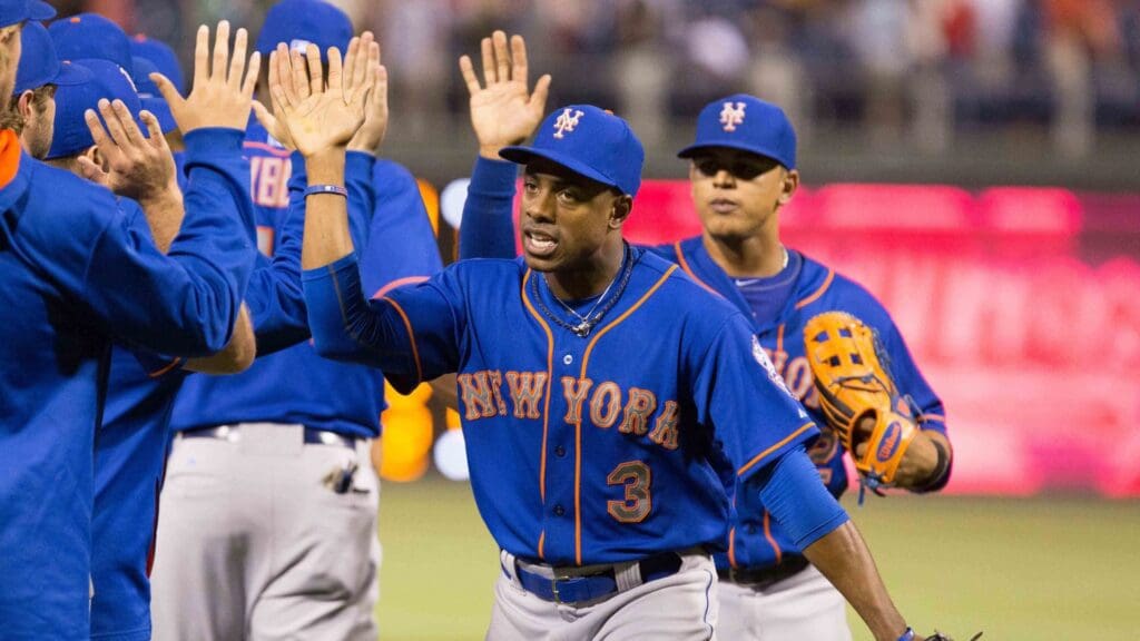 May 9, 2015; Philadelphia, PA, USA; New York Mets right fielder Curtis Granderson (3) celebrates with team mates after defeating the Philadelphia Phillies at Citizens Bank Park. The Mets won 3-2.