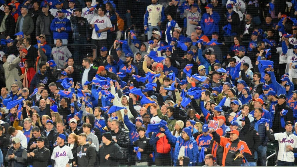 Oct 17, 2024; New York City, New York, USA; New York Mets fans react before game four of the NLCS for the 2024 MLB playoffs at Citi Field.