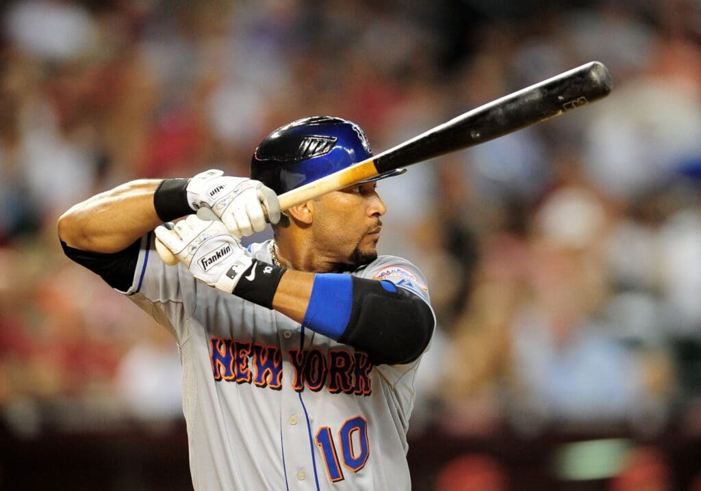Aug. 11, 2009; Phoenix, AZ, USA; New York Mets pinch hitter Gary Sheffield bats against the Arizona Diamondbacks at Chase Field.