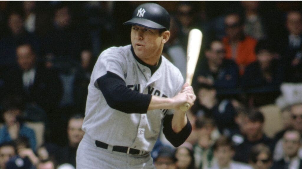 New York Yankees infielder Mickey Mantle at bat against the Detroit Tigers during the 1967 season at Tiger Stadium