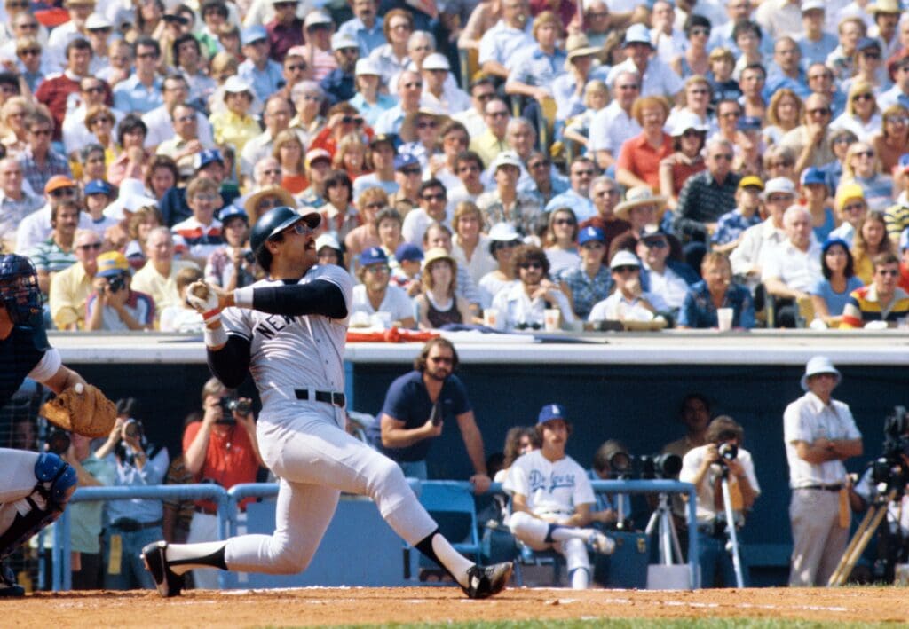 Oct 1977; Los Angeles, CA, USA; FILE PHOTO; New York Yankees right fielder Reggie Jackson in action against the Los Angeles Dodgers during the 1977 World Series at Dodger Stadium. New York defeated Los Angeles to win the series in six games and Jackson was named the series most valuable player.