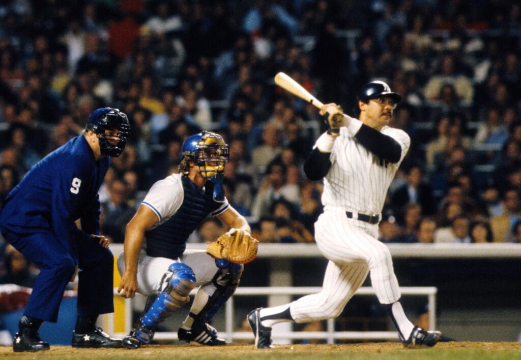 Oct 1978; Bronx, NY, USA; FILE PHOTO; New York Yankees right fielder Reggie Jackson in action against the Los Angeles Dodgers during the 1978 World Series at Yankee Stadium. New York defeated Los Angeles to win the series in six games.