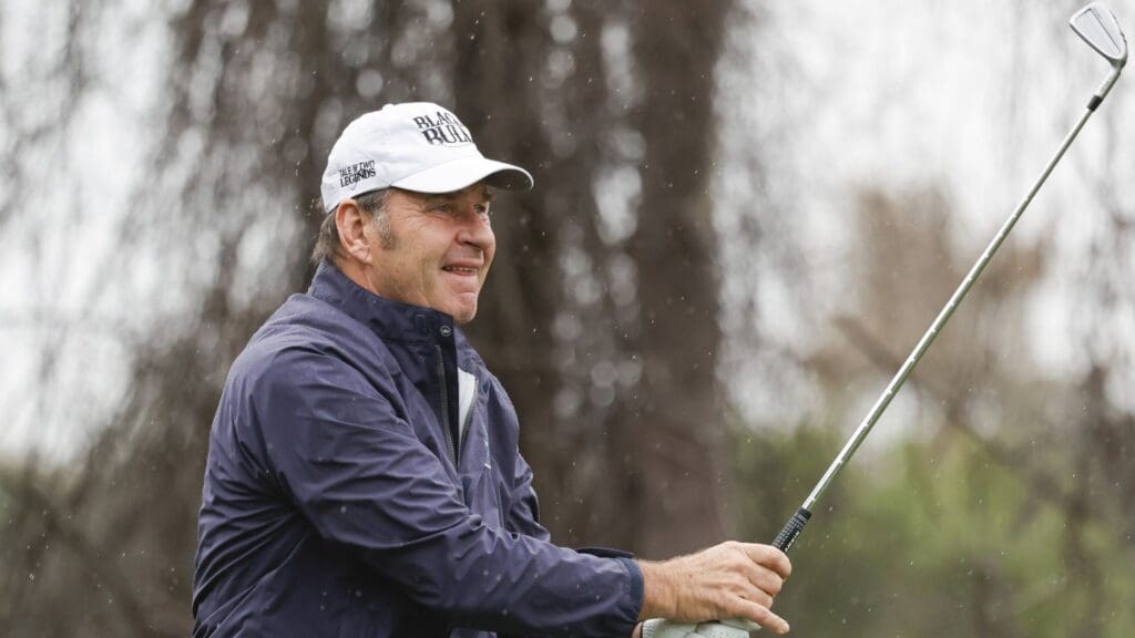 Dec 16, 2023; Orlando, Florida, USA; Nick Faldo hits his shot plays his shot on the fourth tee during the PNC Championship at The Ritz-Carlton Golf Club.
