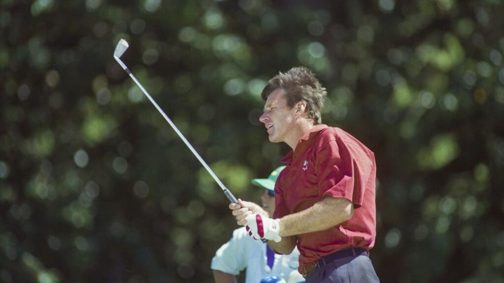 04/07/1997; Augusta, Georgia, USA; Nick Faldo watches ball in flight after swing at the Augusta National Golf Course during the 1997 Masters.