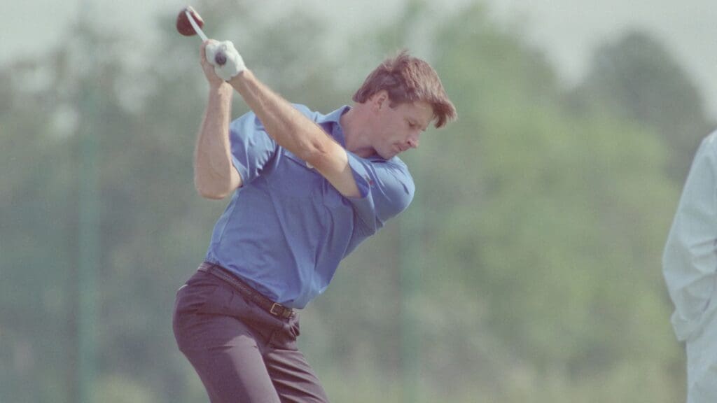 04/01/1989; Augusta, Georgia, USA; Nick Faldo drives the ball using an iron at the Augusta National Golf Course during the 1989 Masters.