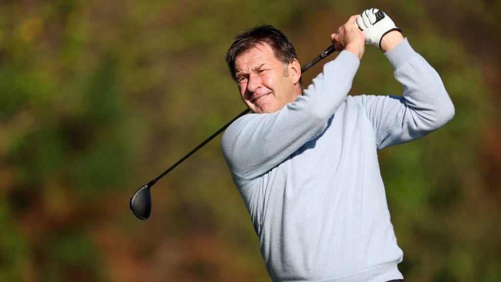Dec 21, 2024; Orlando, Florida, [USA]; Nick Faldo tees off during the PNC Championship at The Ritz-Carlton Golf Club.