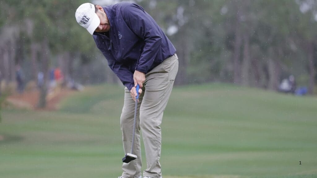 Dec 16, 2023; Orlando, Florida, USA; Nick Faldo rolls his putt on the third green during the PNC Championship at The Ritz-Carlton Golf Club.