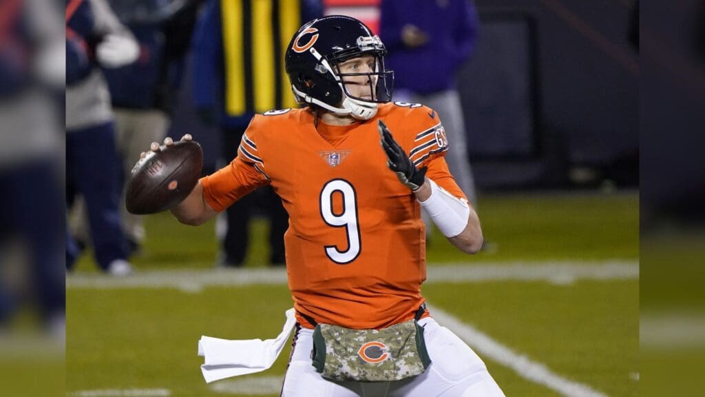 Chicago Bears quarterback Nick Foles (9) drops back to pass against the Minnesota Vikings during the second quarter at Soldier Field.