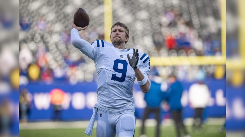 Jan 1, 2023; East Rutherford, New Jersey, USA; Indianapolis Colts quarterback Nick Foles (9) warms up before the game against the New York Giants at MetLife Stadium.