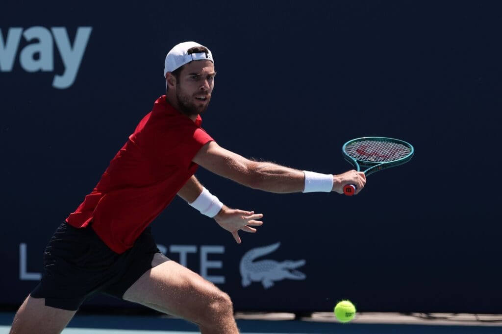 Mar 21, 2025; Miami, FL, USA; Karen Khachanov hits a backhand against Nick Kyrgios (AUS) (not pictured) on day four of the Miami Open at Hard Rock Stadium.