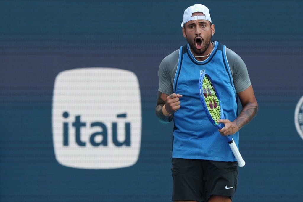 Mar 19, 2025; Miami, FL, USA; Nick Kyrgios (AUS) reacts after winning a point against Mackenzie McDonald (USA)(not pictured) on day two of the Miami Open at Hard Rock Stadium.