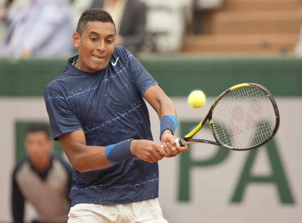 May 25, 2014; Paris, France; Nick Kyrgios (AUS) in action during his match against Milos Raonic (CAN) on day one of the 2014 French Open at Roland Garros.