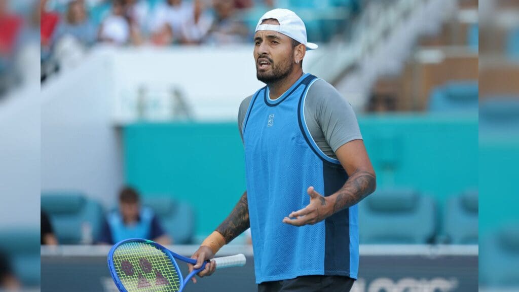 Mar 19, 2025; Miami, FL, USA; Nick Kyrgios (AUS) reacts towards his player's box after losing a point against Mackenzie McDonald (USA)(not pictured) on day two of the Miami Open at Hard Rock Stadium.