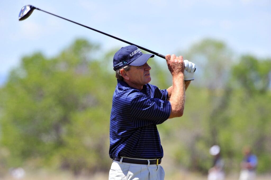 May 30, 2010; Parker, CO, USA; Nick Price (USA) tees off from hole number three during the final round of play for the 2010 Senior PGA Championship at the Colorado Golf Club.