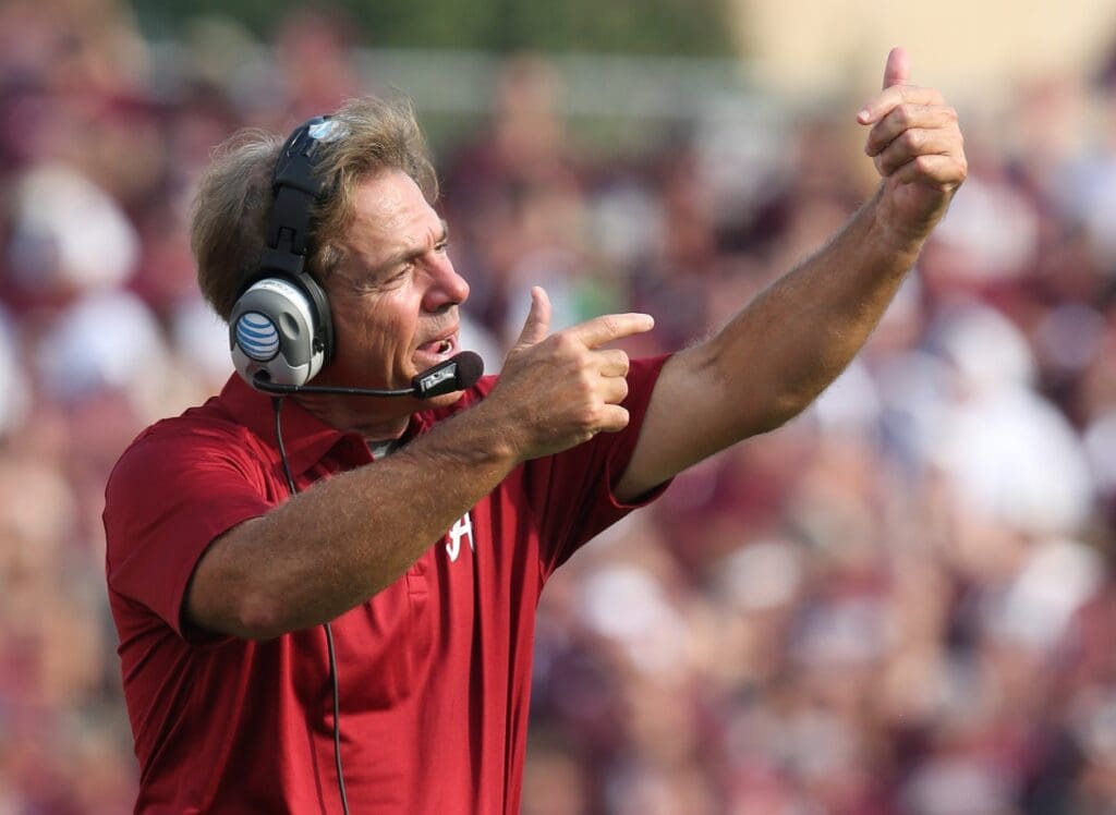 Sep 14, 2013; College Station, TX, USA; Alabama Crimson Tide head coach Nick Saban reacts during the second half against the Texas A&M Aggies at Kyle Field.
