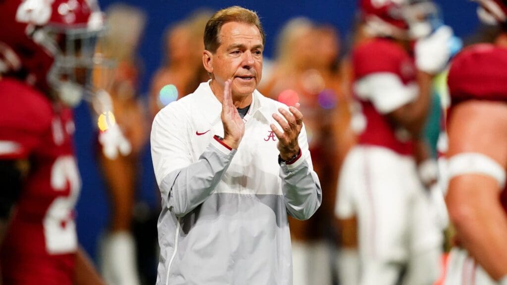Dec 2, 2023; Atlanta, GA, USA; Alabama Crimson Tide head coach Nick Saban looks on before the SEC Championship game against the Georgia Bulldogs at Mercedes-Benz Stadium