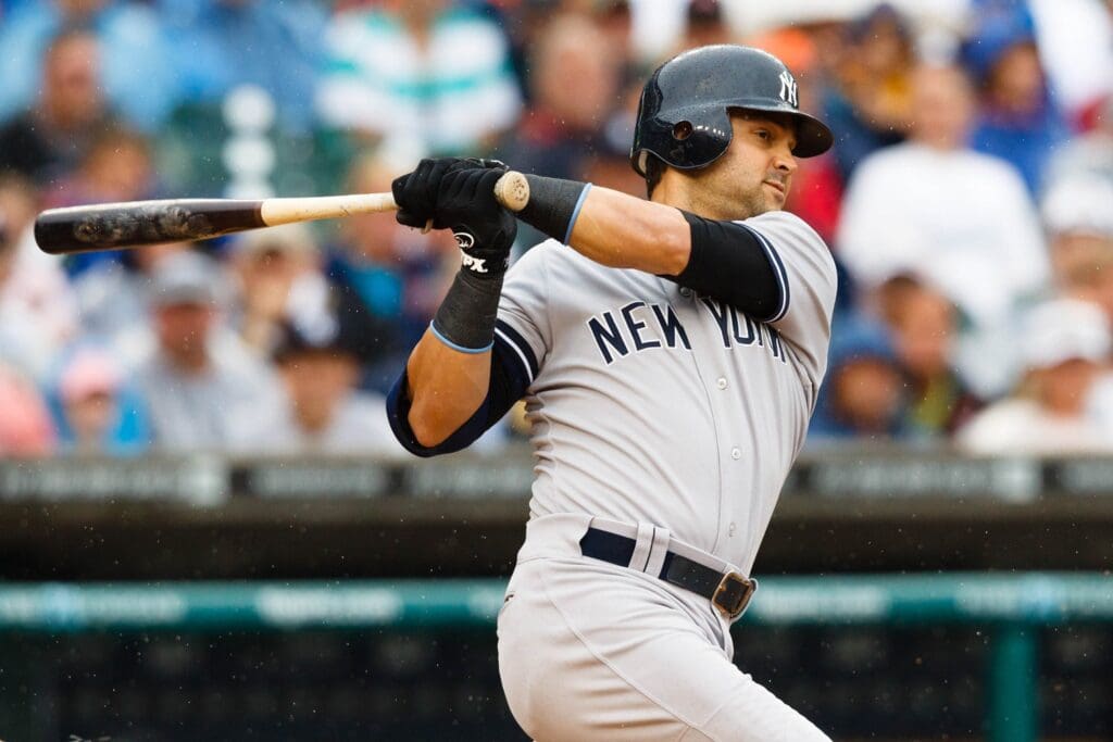 August 9, 2012; Detroit, MI, USA; New York Yankees right fielder Nick Swisher (33) at bat against the Detroit Tigers at Comerica Park.