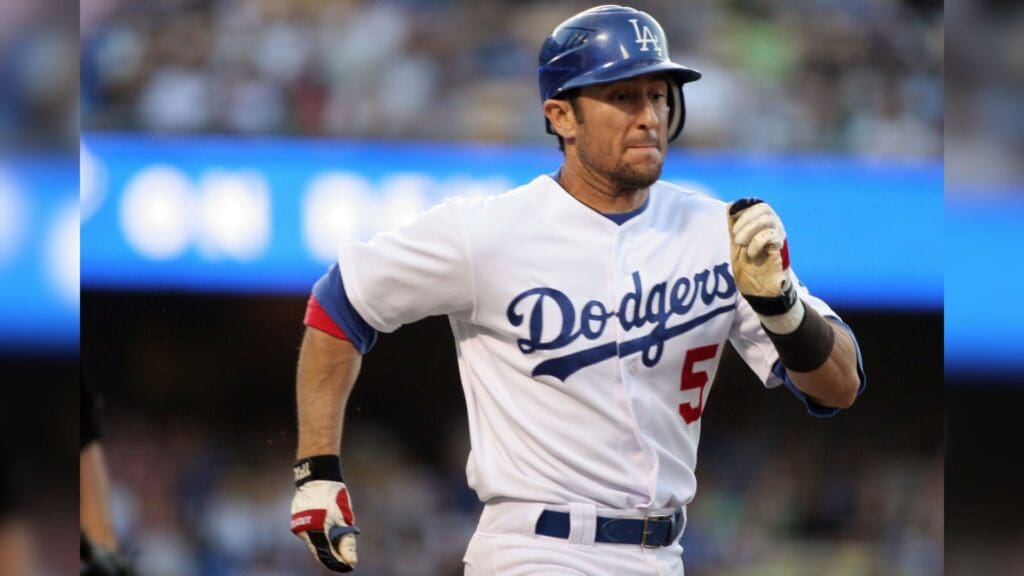 July 7, 2007; Los Angeles, CA, USA; Los Angeles Dodgers third baseman Nomar Garciaparra (5) sprints to first base after he hits a single in the second inning against the Florida Marlins at Dodger Stadium.
