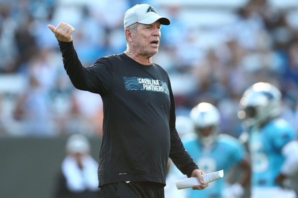 Jul 26, 2018; Spartanburg, SC, USA; Carolina Panthers offensive coordinator Norv Turner gives directions during training camp held at Wofford College.