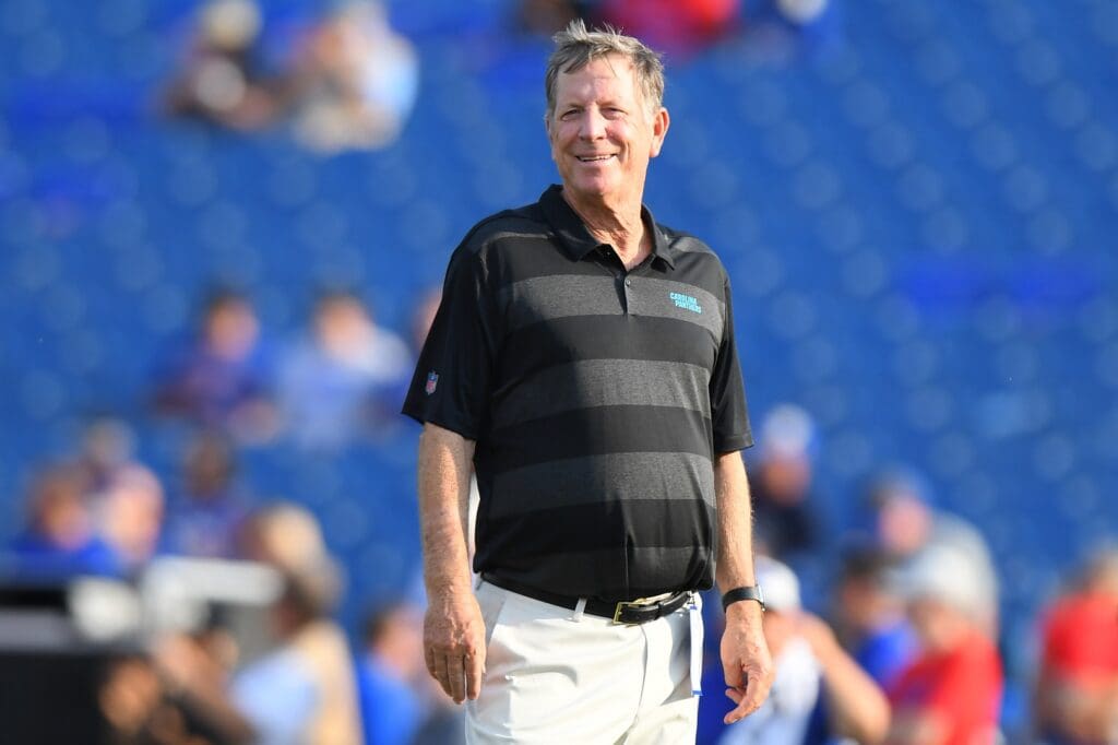 Aug 9, 2018; Orchard Park, NY, USA; Carolina Panthers offensive coordinator Norv Turner looks on prior to the game against the Buffalo Bills at New Era Field.