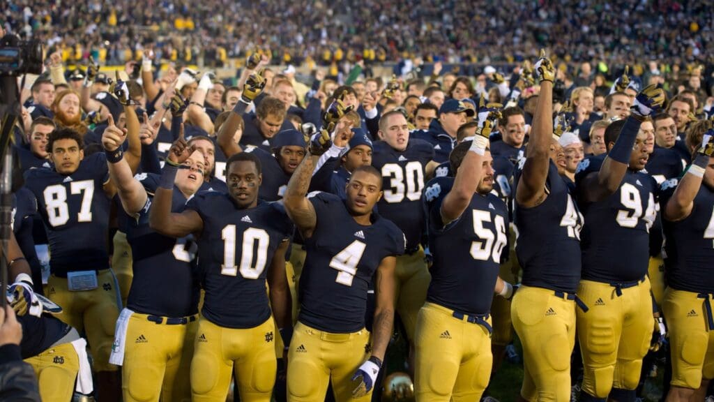 Oct. 20, 2012; South Bend, IN, USA; The Notre Dame Fighting Irish celebrate after defeating the BYU Cougars 17-14 at Notre Dame Stadium.