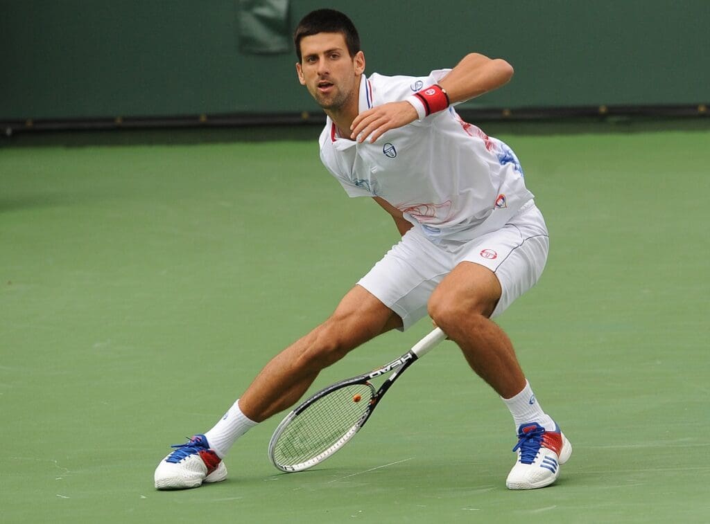 March 17, 2012; Indian Wells, CA, USA; Novak Djokovic (SRB) during his semi final match against John Isner (USA) at the BNP Paribas Open. Isner won 7-6 (7), 3-6, 7-6 (5).