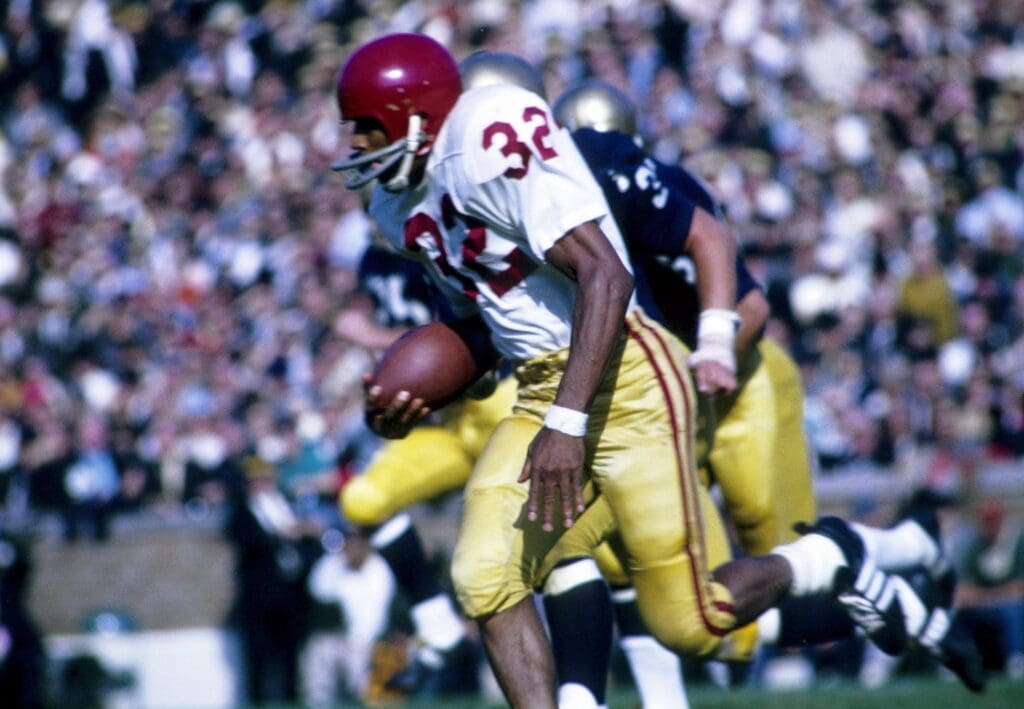 Oct 14, 1967; South Bend, IN, USA; FILE PHOTO; Southern California Trojans running back O.J. Simpson in action against Notre Dame at Notre Dame Stadium. USC defeated Notre Dame 24-7.