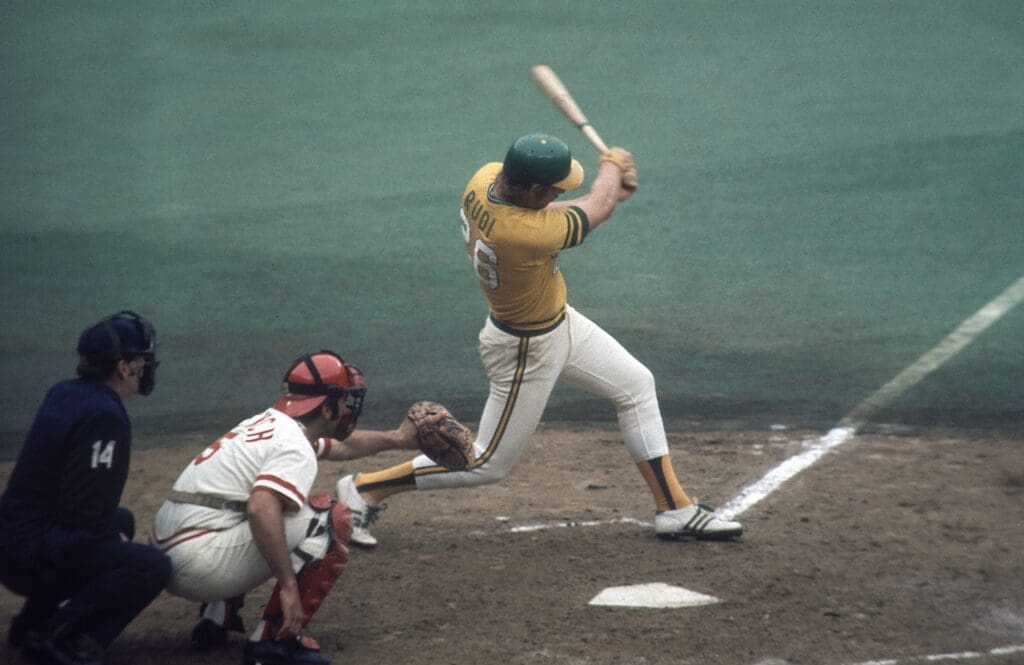 Oct 1972; unknown location, USA, FILE PHOTO; Oakland Athletics left fielder Joe Rudi (26) in action against the Cincinnati Reds during the 1972 World Series.