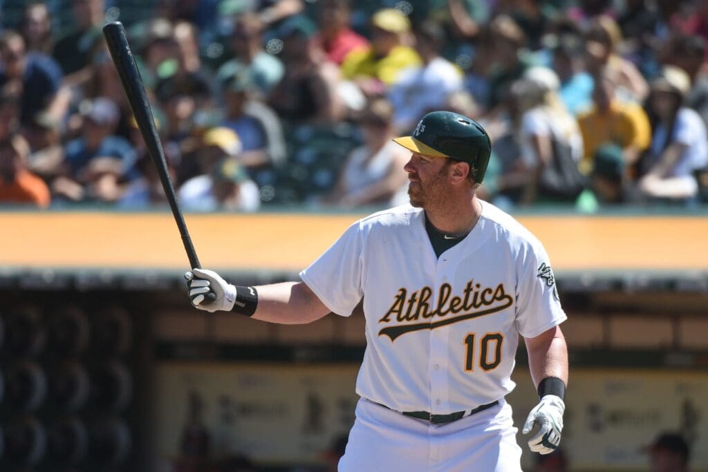 Oakland Athletics designated hitter Adam Dunn (10) prepares to bat during the fourth inning against the Houston Astros at O.co Coliseum. The Athletics defeated the Astros 4-3