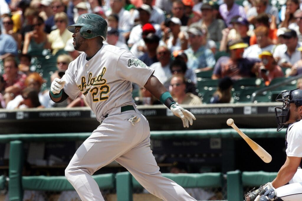 uly 23, 2006; Detroit, MI, USA; Oakland Athletics right fielder (22) Milton Bradley bats against the Detroit Tigers at Comerica Park.