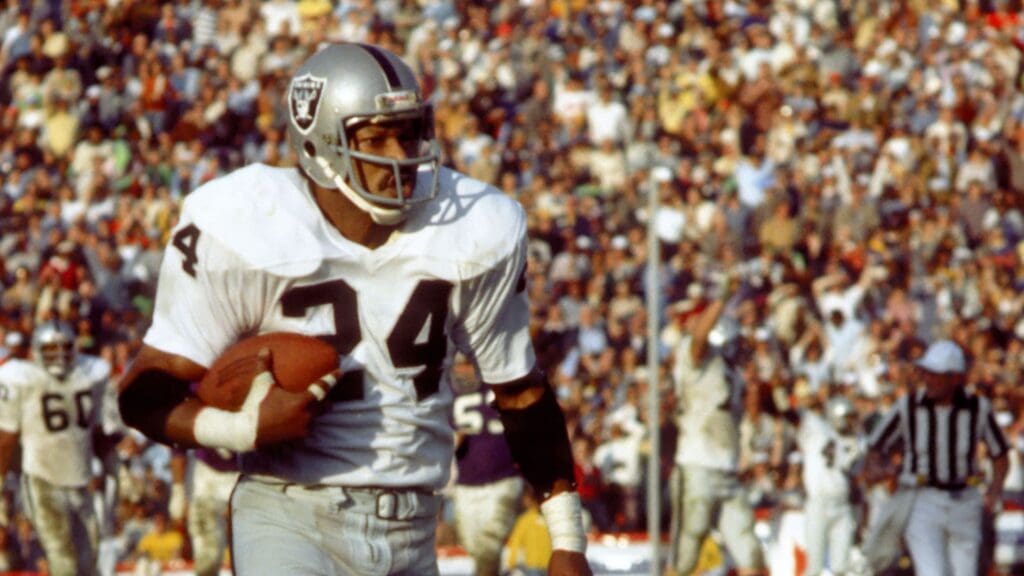 Jan 9, 1977, Pasadena, CA, USA; FILE PHOTO; Oakland Raiders cornerback Willie Brown (24) returns an interception 75 yards for a touchdown against the Minnesota Vikings during Super Bowl XI at the Rose Bowl. The Raiders defeated the Vikings 32-14 to win their first Super Bowl championship.